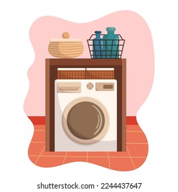 Modern Laundry Room Design With Washing Machine, Detergents in Basket, Equipment. Home or Hotel Apartment Interior With Furniture Elements. Cartoon Vector Illustration