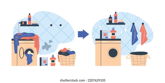 Modern laundry room interior with washing machine, clean and clutter set of flat vector illustration isolated on white background. Laundry room before and after clean up.