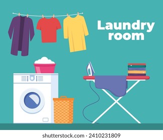 Modern laundry room interior with washing machine, ironing board, clean sheets drying on rack, dirty clothes in basket. Vector illustration