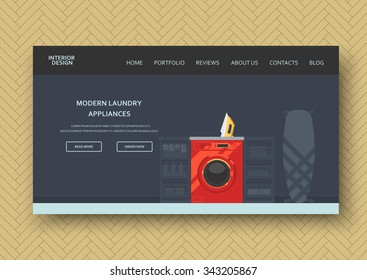 Modern laundry room interior with washing machine, iron, ironing board. Flat stylish design. Horizontal banner on wooden pattern background. Vector illustration, design elements, flat icons