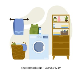 Modern laundry room setup with organized storage and clean appliances
