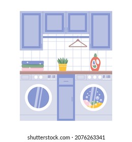 Modern laundry room with washing machine, tumble dryer and clothes hanger. Washing clothes concept vector illustration.