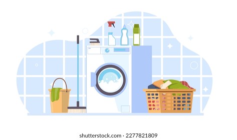 Modern laundry room with washing machine, basket with dirty clothes and different detergents, bucket and mop. Electronic equipment. Cartoon flat illustration, vector housekeeping concept