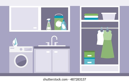 Modern laundry room with washing machine, iron and wardrobe