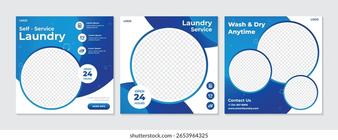 Modern Laundry Service Social Media Post Template. Design vetorial de alta qualidade com lavanderia de autoatendimento e conceito aberto de 24 horas. Ideal para lavanderias premium, lavanderia expressa e lavanderia comercial