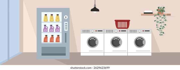 Modern laundry store. Minimalist laundry room. Laundry service. Washing clothes. Basket dirty clothes.