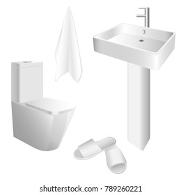 Modern lavatory bow, wash sink, terry towel and sneakers. Bathroom set. Monochrome 3d vector illustration isolated on white 

background.