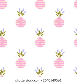 Modern Lavender Seamless Pattern. Minimalist Floral Bouquet in round Vase. Shabby Chic Provence Romanic Background. Repeat vector illustration