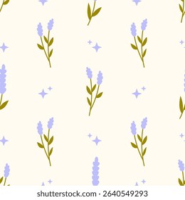 Modern Lavender Twigs and Stars Seamless Pattern. Minimalist Hand drawn aromatic background with scented flowers leaves and sparkles. Relaxation and Calm concept. Repeat vector illustration