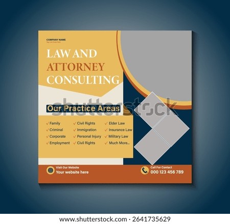 Modern Law and Attorney Consulting Social Media Post Template. Perfect for legal firms, lawyer promotions, law advice, and justice-related services with a professional and clean design layout.