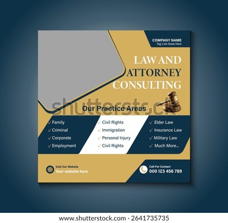 Modern Law and Attorney Consulting Social Media Post Template. Perfect for legal firms, lawyer promotions, law advice, and justice-related services with a professional and clean design layout.