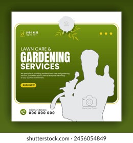 Modern lawn care garden or landscaping service for social media cover or post design template; organic food and agriculture web banner with abstract green gradient and yellow color shapes