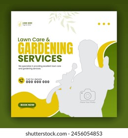 Modern lawn care garden or landscaping service for social media cover or post design template; organic food and agriculture web banner with abstract green gradient and yellow color shapes