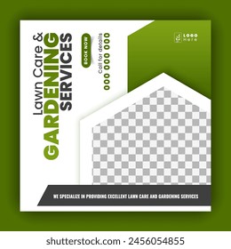 Modern lawn care garden or landscaping service for social media cover or post design template; organic food and agriculture web banner with abstract green gradient and yellow color shapes
