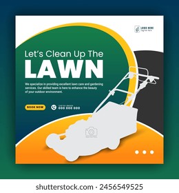 Modern lawn care garden or landscaping service for social media cover or post design template; organic food and agriculture web banner with abstract green gradient and yellow color shapes