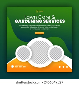 Modern lawn care garden or landscaping service for social media cover or post design template; organic food and agriculture web banner with abstract green gradient and yellow color shapes