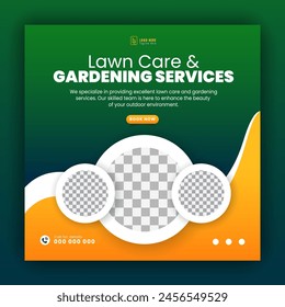 Modern lawn care garden or landscaping service for social media cover or post design template; organic food and agriculture web banner with abstract green gradient and yellow color shapes