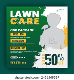 Modern lawn care garden or landscaping service for social media cover or post design template; organic food and agriculture web banner with abstract green gradient and yellow color shapes