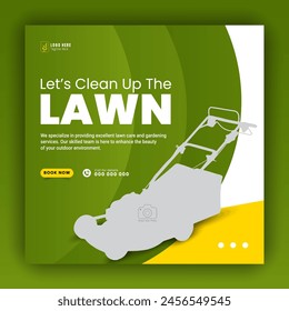 Modern lawn care garden or landscaping service for social media cover or post design template; organic food and agriculture web banner with abstract green gradient and yellow color shapes