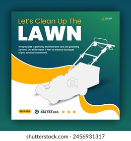 Modern lawn care garden or landscaping service for social media cover or post design template; organic food and agriculture web banner with abstract green gradient and yellow color shapes