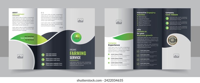 Modern Lawn Care Trifold Brochure Template, Gardening, Landscaper or Agro firming services Creative Tri fold Brochure design layout vector. ardening or Landscaper Tri Fold Brochure vector