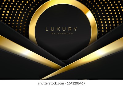 Modern layered background in gold and luxury style with circle shape composition. Minimalist black and gold design with dotted pattern element