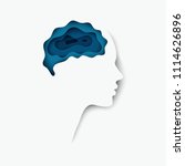 Modern layered cut out colored paper human profile with brain brain. Creative thinking, business concept of innovation. Deep paper art origami style. Isolaterd on white