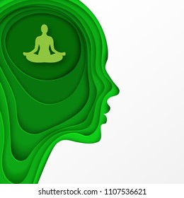 Modern layered cut out colored paper human profile with man sitting in calm lotus pose. Concept of relaxation, tranquility and mental health. Deep paper art origami style