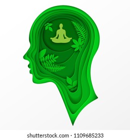 Modern layered cut out colored paper human profile with man sitting in calm lotus pose and tropic palm leaves. Concept of relaxation, tranquility and mental health. Deep paper art origami style