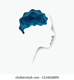 Modern Layered Cut Out Colored Paper Human Profile With Brain Brain. Creative Thinking, Business Concept Of Innovation. Deep Paper Art Origami Style. Isolaterd On White