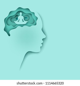 Modern layered cut out colored paper human profile with brain and man sitting in calm lotus pose. Concept of relaxation, tranquility and mental health. Deep paper art origami style in pastel colors