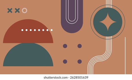 Modern layout of diagonal geometric forms with curved stripes and symbols in muted purple, green, and soft taupe shades. Sophisticated composition.