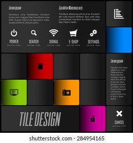 Modern layout, flyer - white, black and color squares with set of icons and symbols.