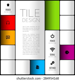 Modern layout, flyer - white, black and color squares with set of icons and symbols.
