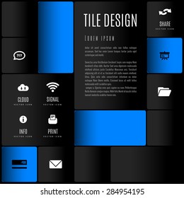 Modern layout, flyer - white, black and color squares with set of icons and symbols.