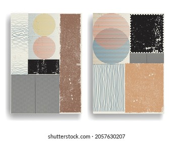 Modern layout with minimalist design elements . Grunge textured shapes in Boho style  . Wall art , home deco . Vector abstract shape. Modern art . Contemporary layouts set .