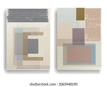 Modern layout with minimalist design elements . Grunge textured shapes in Boho style  . Wall art , home deco . Vector abstract shape. Modern art . Contemporary layouts set .