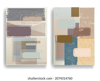 Modern layout with minimalist design elements . Grunge textured shapes in Boho style  . Wall art , home deco . Vector abstract shape. Modern art . Contemporary layouts set .