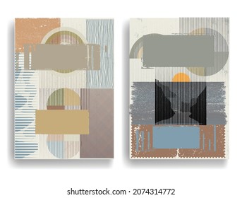 Modern layout with minimalist design elements . Grunge textured shapes in Boho style  . Wall art , home deco . Vector abstract shape. Modern art . Contemporary layouts set .