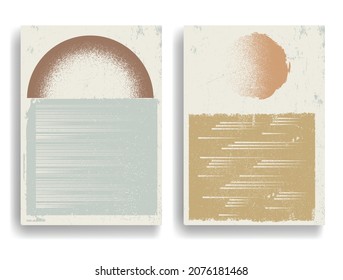 Modern layout with minimalist design elements . Grunge textured shapes in Boho style  . Wall art , home deco . Vector abstract shape. Modern art . Contemporary layouts set .