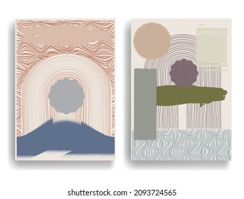 Modern layout with minimalist design elements . Grunge textured shapes in Boho style  . Wall art , home deco . Vector abstract shape. Modern art . Contemporary layouts set .