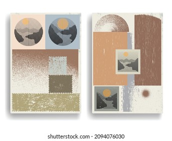 Modern layout with minimalist design elements . Grunge textured shapes in Boho style  . Wall art , home deco . Vector abstract shape. Modern art . Contemporary layouts set .