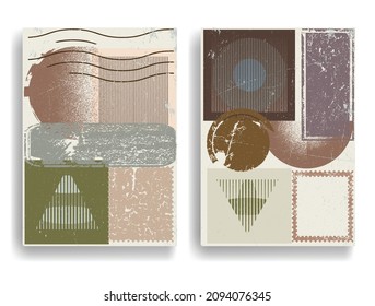 Modern layout with minimalist design elements . Grunge textured shapes in Boho style  . Wall art , home deco . Vector abstract shape. Modern art . Contemporary layouts set .