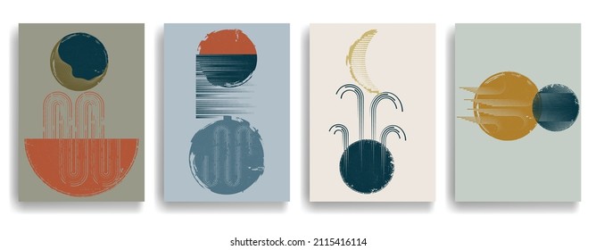 Modern layout with minimalist design elements . Grunge textured shapes in Boho style  . Wall art , home deco . Vector abstract shape. Modern art . Contemporary layouts set .