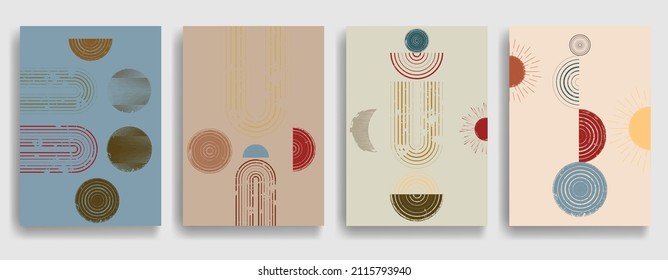 Modern layout with minimalist design elements . Grunge textured shapes in Boho style  . Wall art , home deco . Vector abstract shape. Modern art . Contemporary layouts set .