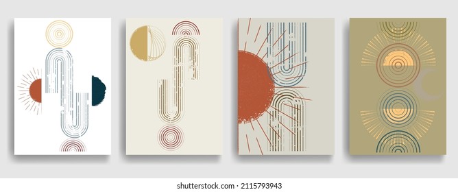 Modern layout with minimalist design elements . Grunge textured shapes in Boho style  . Wall art , home deco . Vector abstract shape. Modern art . Contemporary layouts set .