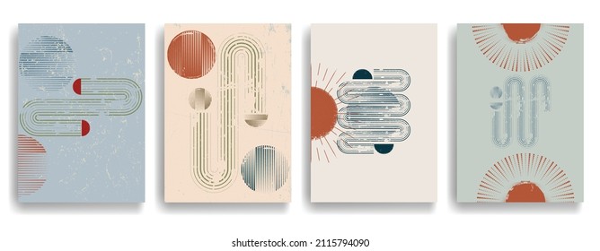 Modern layout with minimalist design elements . Grunge textured shapes in Boho style  . Wall art , home deco . Vector abstract shape. Modern art . Contemporary layouts set .