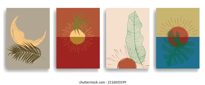 Modern layout with minimalist design elements . Grunge textured shapes in Boho style  . Wall art , home deco . Vector abstract shape. Modern art . Contemporary layouts set .