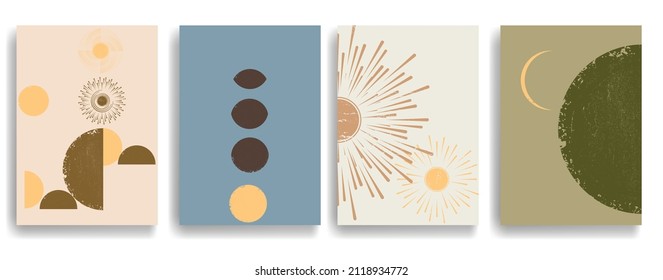 Modern layout with minimalist design elements . Grunge textured shapes in Boho style  . Wall art , home deco . Vector abstract shape. Modern art . Contemporary layouts set .
