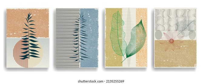 Modern layout with minimalist design elements . Grunge textured shapes in Boho style  . Wall art , home deco . Vector abstract shape. Modern art . Contemporary layouts set .